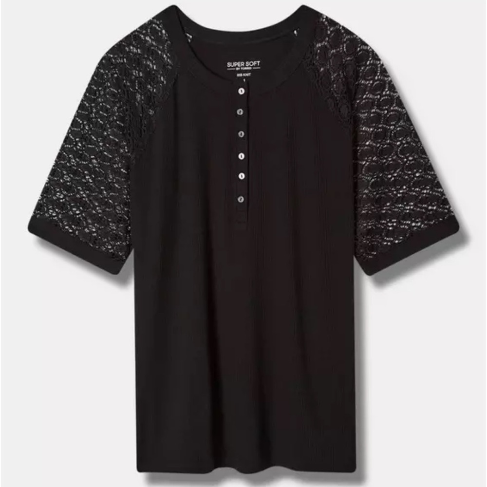 Torrid Fitted Super Soft Rib Lace Inset Raglan Henley Black